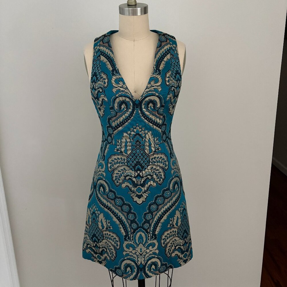 Alice + Olivia Natalee Jacquard Racerback A-Line Dress Turquoise Peacock Size 4